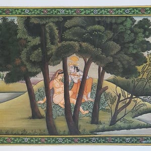 May include: A traditional Indian painting depicting a couple in a lush green forest setting. The painting features intricate details and vibrant colors, showcasing the beauty of Indian art.