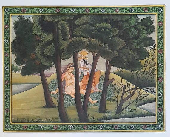 Handmade Radha Krishna Watercolor Painting: Hindu God Art (5x7 Inch)