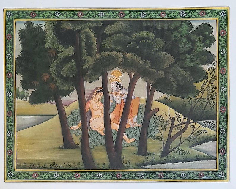 May include: A traditional Indian painting depicting a couple in a lush green forest setting. The painting features intricate details and vibrant colors, showcasing the beauty of Indian art.
