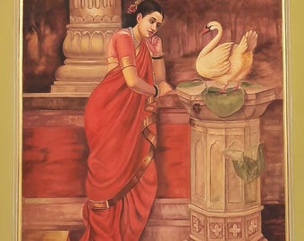 Hamsa Damyanti Painting: Raja Ravi Varma Reproduction, Indian Art