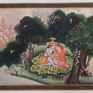 May include: A traditional Indian miniature painting depicting a couple in a lush green forest setting. The couple is dressed in vibrant colors and is surrounded by blooming flowers and trees. The painting is done in a delicate style with intricate details.