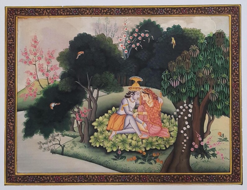 May include: A traditional Indian miniature painting depicting a couple in a lush green forest setting. The couple is dressed in vibrant colors and is surrounded by blooming flowers and trees. The painting is done in a delicate style with intricate details.