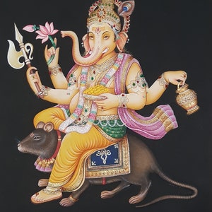 Handmade Ganesha Painting: Gold Foil & Semi-Precious Stones on Wood