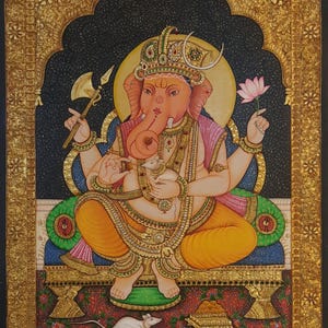 Handmade Tanjore Ganesha Painting: 24K Gold Hindu Art, 18x24 Inch