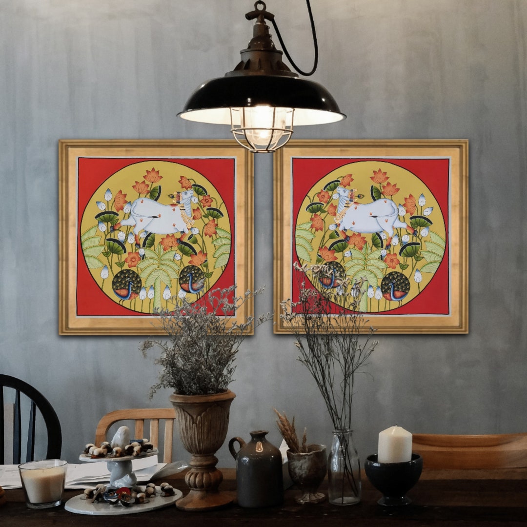 Traditional Wall Painting of Beautiful Cows in Kamal Talai, Pichwai