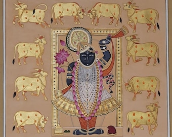 Shrinathji Pichwai Painting: Gold Foil, Cows, Indian God Art