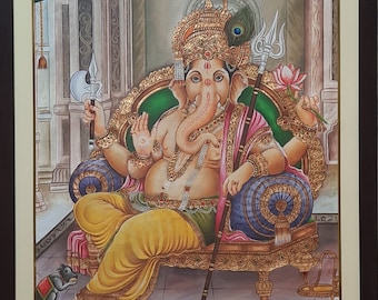 Vintage Lord Ganesha Oil Painting, Hindu Art, Housewarming Gift