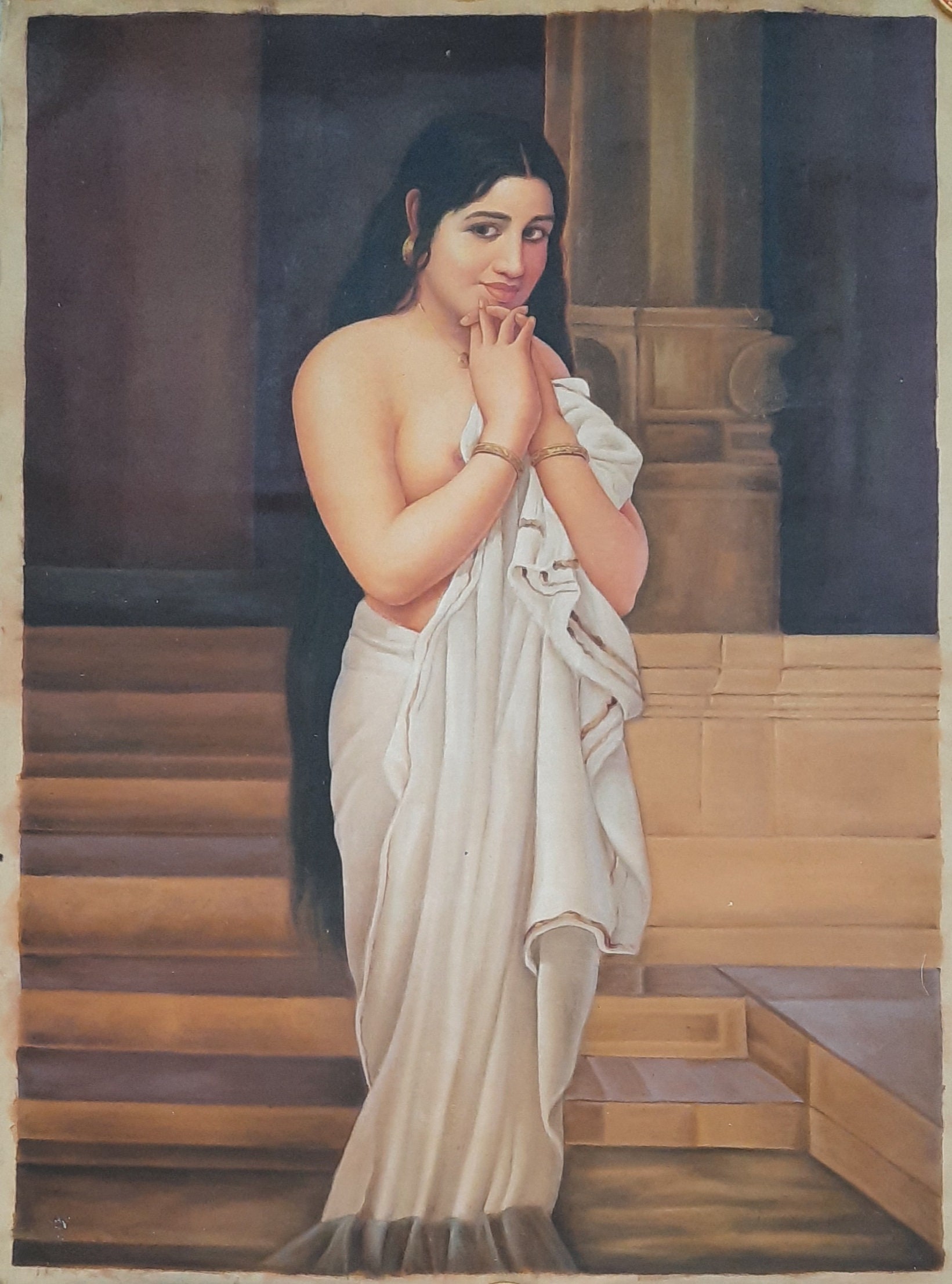 Large Original Oil Canvas Painting, Raja Ravi Verma Art, Nude, Young Woman, Girl, Erotic, Indian Artist, Canvas Painting, Oil Painting