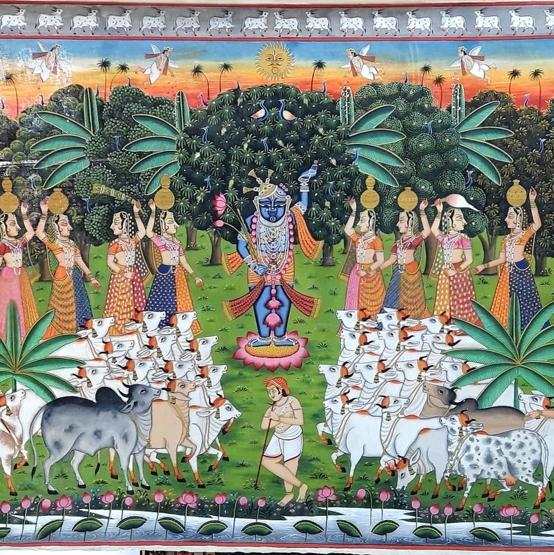 Vintage Handmade Pichwai Painting of Lord Shrinathji on Cloth, Antique