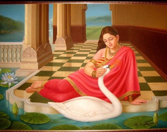 Handmade Raja Ravi Varma Painting: Damyanti and Swan Canvas Art