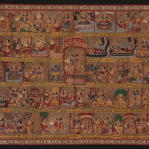 May include: A detailed, rectangular tapestry featuring numerous panels depicting figures in traditional attire, likely from a religious or cultural narrative. The artwork is rich in color, with reds, blues, and golds dominating the palette. The border is a dark green with a floral pattern.