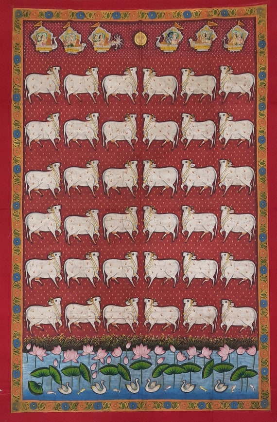 Handpainted Pichwai Cow Painting on Cotton Cloth - Traditional Indian Art