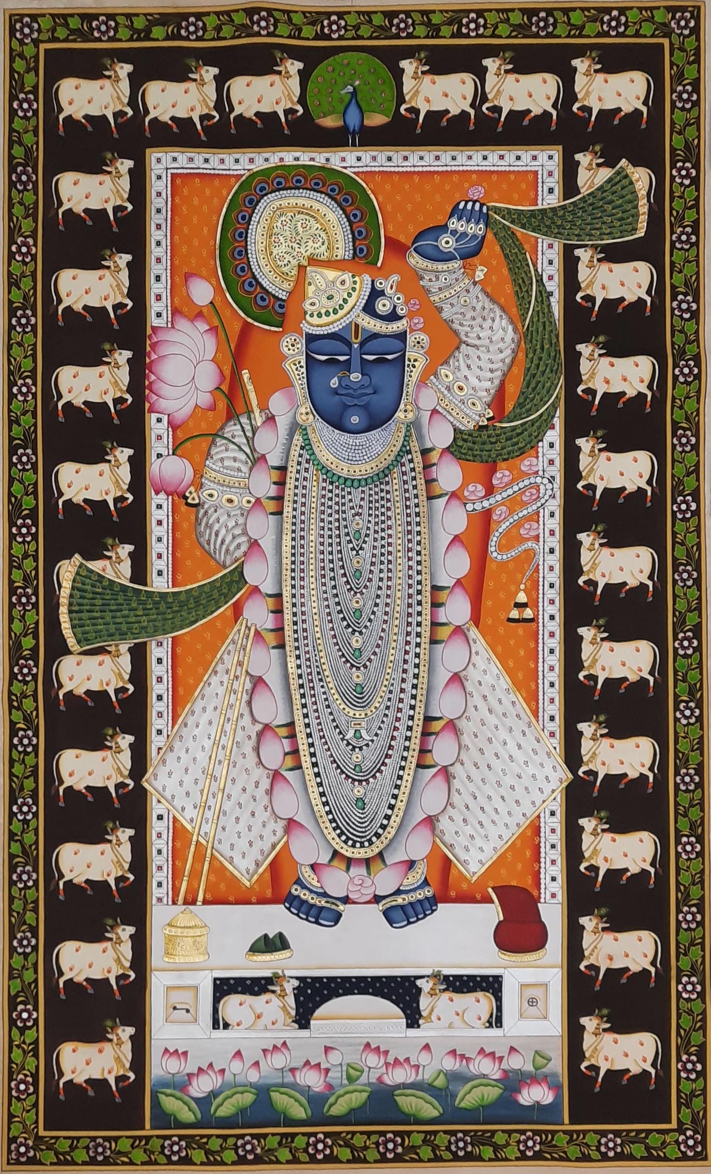 ☆ちゃと☆アウガルテン シロノワズリ Handpainted 貴重 Pichwai Painting of Shrinathji Darshan Indian Art Home Decor Wall