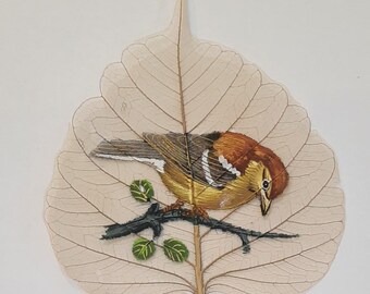 Bird Painting on Pipal Leaf: Indian Folk Art Decor (4x4 Inch)