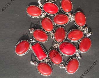 Red Coral Gemstone Wholesale Pendant 925 Sterling Silver Plated Pendant Handmade Pendant Anniversary Gift Pendant Women's Pendant..