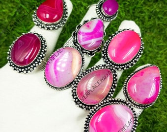 Genuine Pink Agate Gemstone Wholesale Ring Lot 925 Sterling Silver Ring Statement Ring Women's Gift Ring Beautiful Ring Gift For Her.....