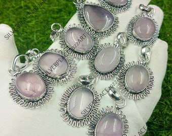 Natural Rose Quartz Gemstone Pendant Wholesale Bulk Assorted Pendant Lot 925 Sterling Silver Pendant Handmade Vintage Jewelry Gift For Her..