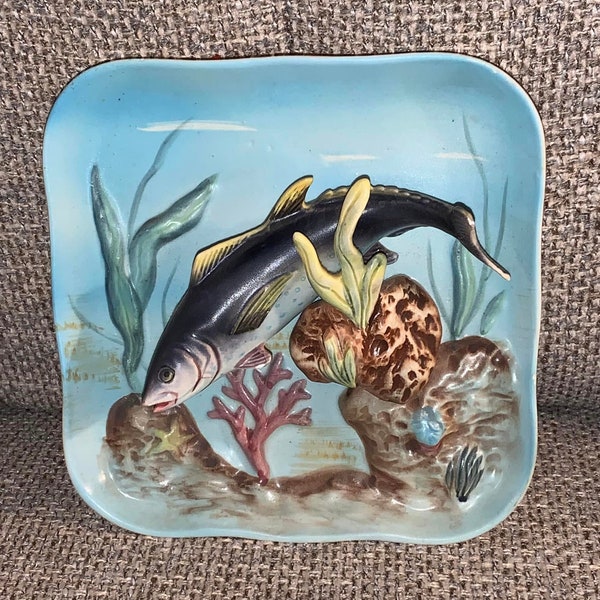 Vintage Napco Ceramic 3D Relief Bisque Yellow Tuna Wall Plaque JAPAN 5" x 5"