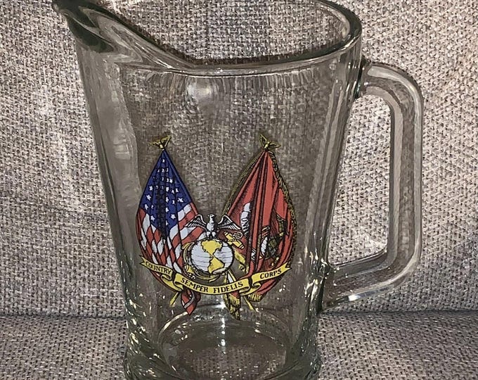 Vintage Marine Corps USMC Flag Clear Glass Pitcher Country Semper ...