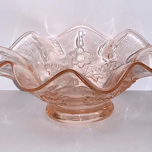 Vintage Dugan Pink Glass Ruffled Bowl Candy Dish w/ Floral Pattern