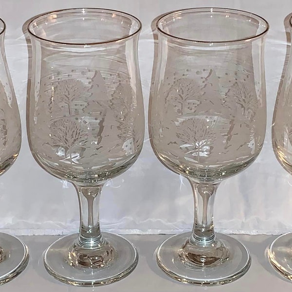 Set of 4 VTG Libbey Arby’s Winter Snow Scene Wine Glasses Etched Trees Gold Trim