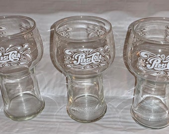 Vintage Pepsi Cola Narrow Pedestal Base Soda Glass White Lettering (Set of 3)