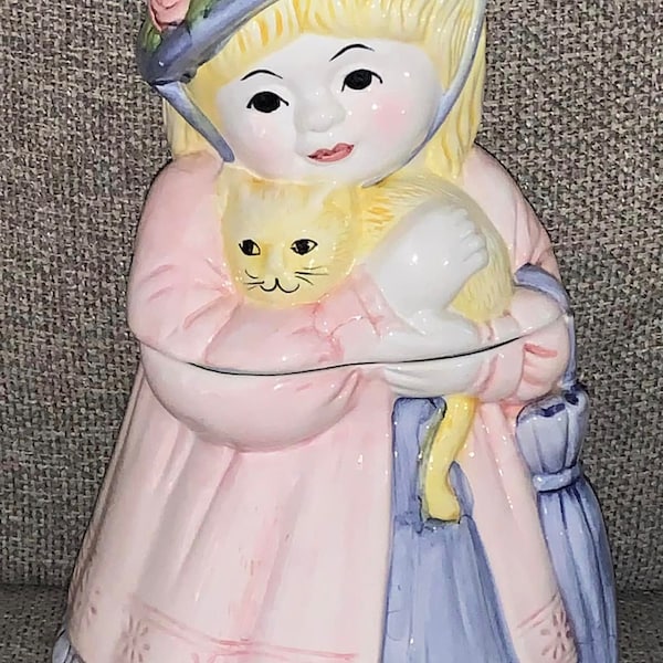 Vintage Girl with Cat Ceramic Cookie Jar (Made in Taiwan) 12" tall