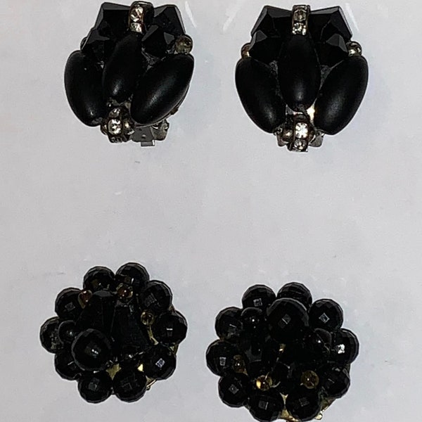 Vintage Black Beaded Clip On Earrings (Lot of 2 Pairs)