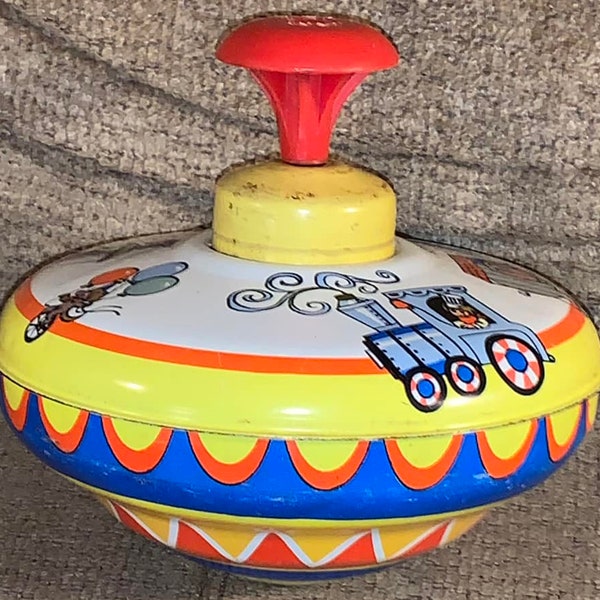 Vintage 1950s Ohio Art Tin Toy Spinner - Red Handle Circus Metal Spinning Top