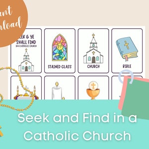 Flashcards de l'église catholique | Cartes Seek & Ye Shall Find | Activité Mains occupées que j'espionne