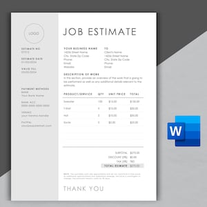 Job Estimate Template | Modern and Professional Work Estimate | Microsoft WORD | Business Estimate | Customizable and Printable