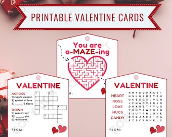 Op de afbeelding: Printbare Valentijnsdagkaarten met een doolhof, een kruiswoordpuzzel en een woordzoeker. De kaarten zijn roze en wit met harten en de tekst "You are a-maze-ing", "Valentine", "Heart", "Rose", "Love", "Hugs" en "Candy".