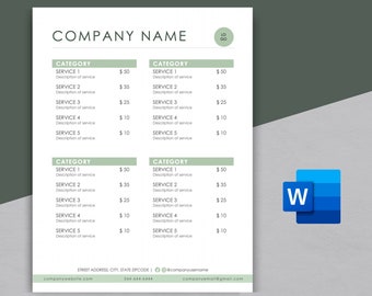 Price List Template | Modern and Professional Price List | Microsoft Word | Small Business Marketing & Branding | Customizable and Printable