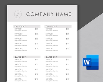 May include: A black and white document with the title "COMPANY NAME" and a list of services and prices. The document is divided into three categories, each with a list of five services and their corresponding prices. The prices are listed in US dollars.
