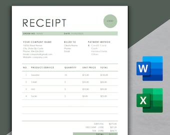 Receipt Template | Modern and Professional Receipt | Microsoft WORD and EXCEL | Business Receipt | Customizable and Printable