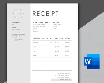 Receipt Template | Modern and Professional Receipt | Microsoft WORD | Business Receipt | Customizable and Printable