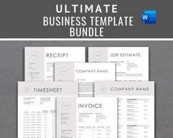 May include: A set of business templates in a gray and white color scheme. The templates include a receipt, timesheet, job estimate, and invoice. The templates are designed for a company with the name "Company Name".