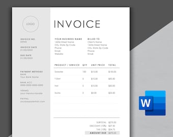 Rechnungsvorlage | Moderne und professionelle Rechnung | Microsoft WORD | Geschäftsrechnung | Personalisierbar und Printable