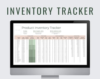 May include: A computer screen displaying a spreadsheet with the title "Product Inventory Tracker". The spreadsheet includes columns for product name, serial number, inventory quantity, stock status, sales price, production cost, gross profit, material cost, labor cost, other costs, production cost, total inventory cost, total inventory sales price, and projected inventory profits. The spreadsheet shows a total of 526 items in inventory with a total inventory value of $5,582.00 and a total inventory sales price of $10,855.00.