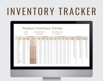 May include: A computer screen displaying a spreadsheet titled "Product Inventory Tracker". The spreadsheet is organized into columns with headings such as "Product Name", "Serial Number", "Inventory Quantity", "Sales Price", "Production Cost", "Cross Profit Margin", "Material Cost", "Labor Cost", "Other Costs", "Production Cost", "Total Inventory Value", "Total Inventory Sales Price", and "Projected Inventory Profit".