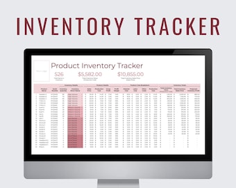 May include: A computer screen displaying a spreadsheet with the title "Product Inventory Tracker". The spreadsheet includes columns for product name, serial number, inventory quantity, stock status, sales price, production cost, gross profit, and more. The spreadsheet shows a total inventory value of $5,582.00 and a total inventory sales price of $10,855.00.