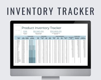 May include: A computer monitor displays an inventory tracker spreadsheet. The screen shows product details, cost breakdowns, and inventory totals. The text "INVENTORY TRACKER" is at the top. The bottom of the screen shows "GOOGLE SHEETS | DATA ANALYSIS | EASY TO USE."