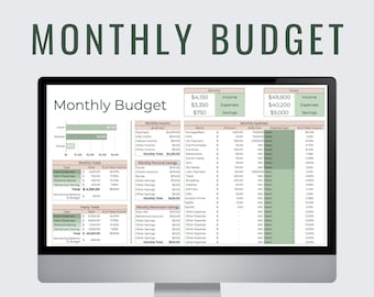 Può includere: Uno schermo di computer che mostra un foglio di calcolo del budget mensile con accenti verdi e marroni. Il foglio di calcolo include sezioni per entrate, spese e risparmi, con colonne per i totali mensili e annuali. Il foglio di calcolo è intitolato "Budget mensile" e include il testo "Google Sheets | Modello | Facile da usare".