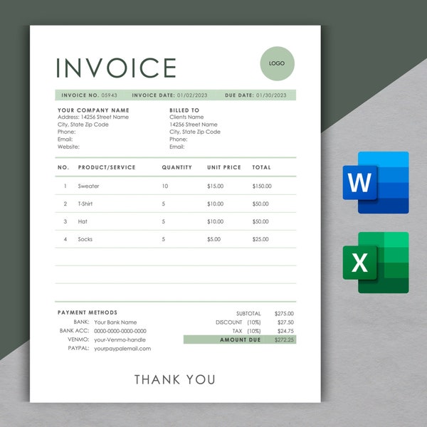 Invoice Template | Modern and Professional Invoice | Microsoft WORD and EXCEL | Business Invoice | Customizable and Printable