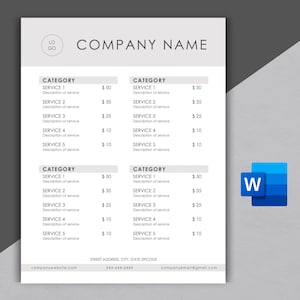 価格表テンプレート | モダンでプロフェッショナルな価格表 | Microsoft WORD | 中小企業のマーケティングとブランディング | カスタマイズ可能で印刷可能