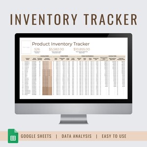 May include: A computer screen displaying a spreadsheet titled "Product Inventory Tracker". The spreadsheet is organized into columns with headings such as "Product Name", "Serial Number", "Inventory Quantity", "Sales Price", "Production Cost", "Cross Profit Margin", "Material Cost", "Labor Cost", "Other Costs", "Production Cost", "Total Inventory Value", "Total Inventory Sales Price", and "Projected Inventory Profit".