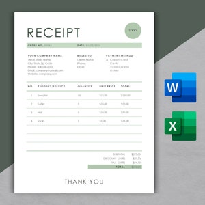 Receipt Template | Modern and Professional Receipt | Microsoft WORD and EXCEL | Business Receipt | Customizable and Printable