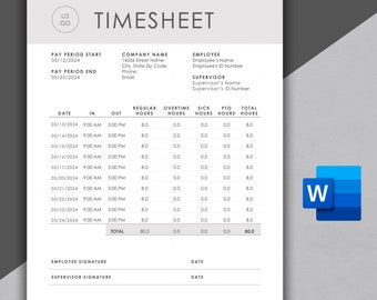 May include: A black and white timesheet template with the title "TIMESHEET" at the top. The template includes sections for pay period start and end dates, company name, employee name, supervisor name, date, in, out, regular hours, overtime hours, sick hours, PTO hours, and total hours. The template also includes sections for employee and supervisor signatures.