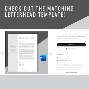 May include: A digital download of a modern and professional letterhead template for Microsoft Word. The template is customizable and printable. The image shows a preview of the letterhead with the text "Company Name" and "Thank You".