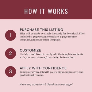 Puede incluir: Un gr&aacute;fico rosa y blanco con tres pasos numerados sobre c&oacute;mo comprar, personalizar y solicitar un trabajo utilizando una plantilla de curr&iacute;culum. El texto dice "C&oacute;mo funciona", "Comprar esta publicaci&oacute;n", "Personalizar" y "Aplicar con confianza".